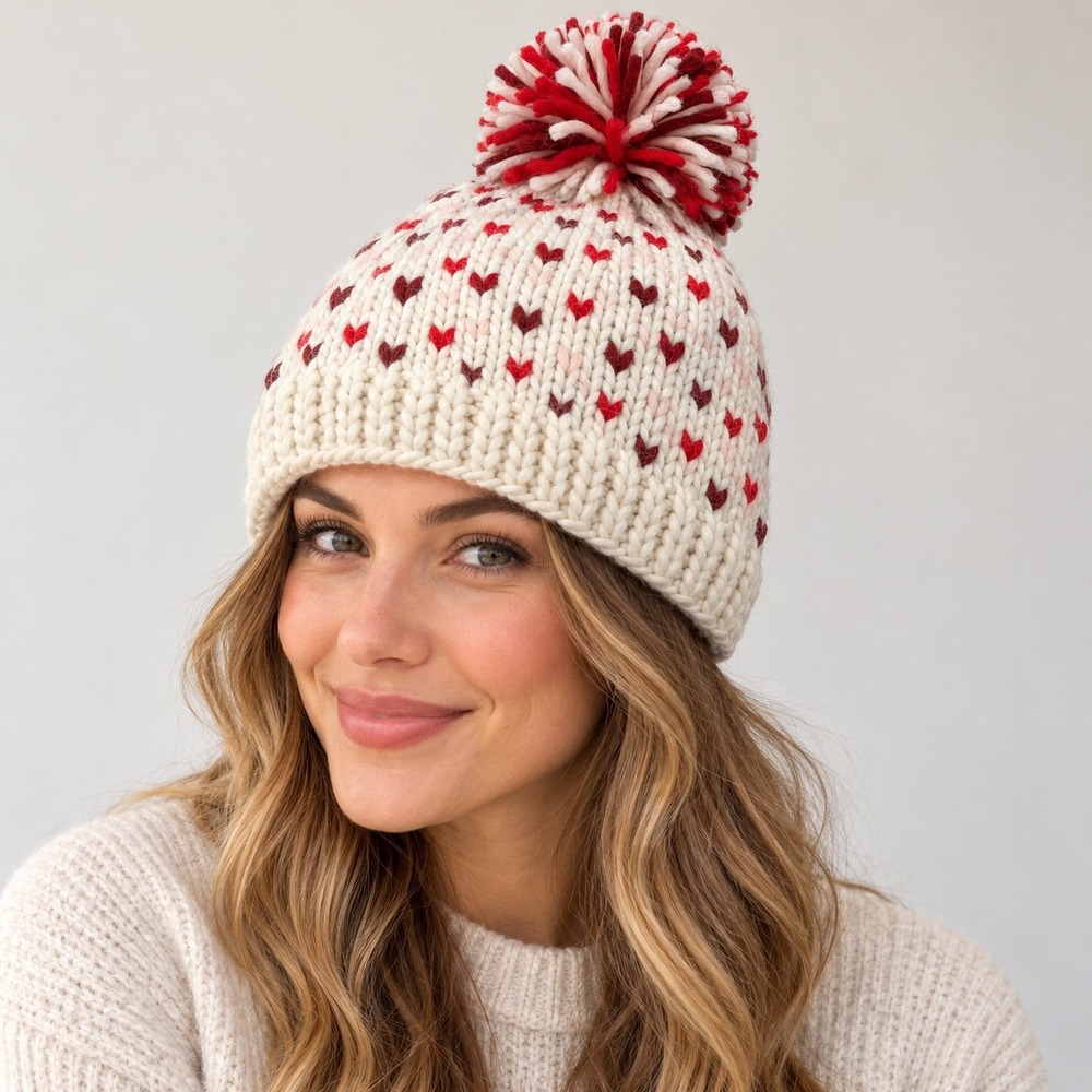 Look Heart Knit Beanie Women OS Cream Red Pink Coquette Winter Fleece Lined Pom
